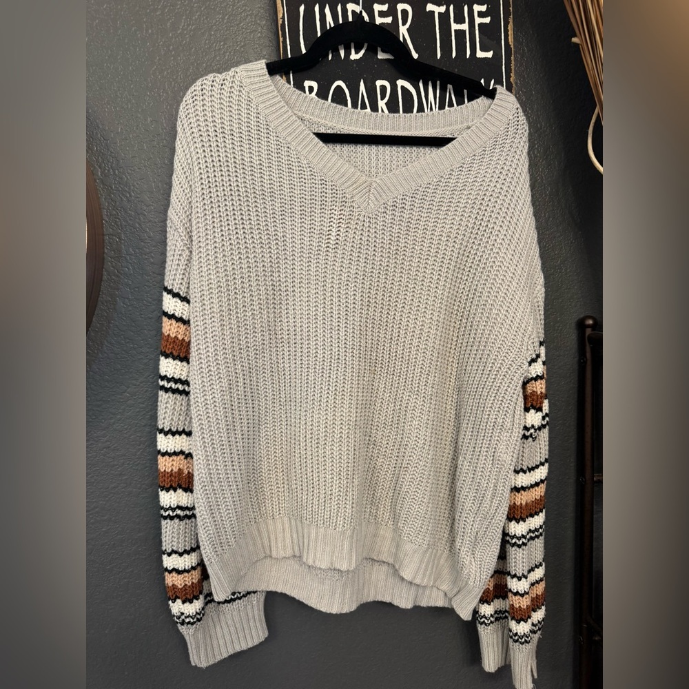 SHEIN Light Gray V-Neck Sweater with Striped Brown and Black Sleeves. Large
